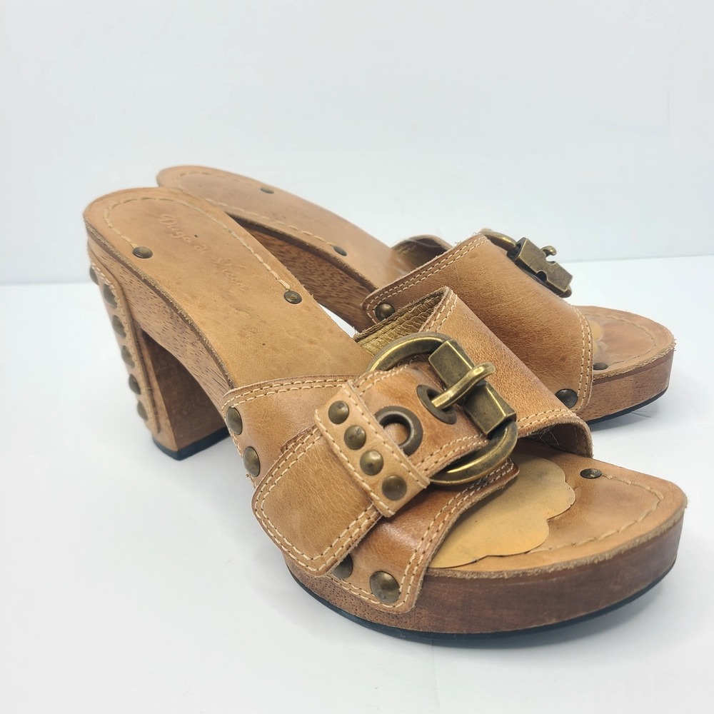 Diego Di Lucca Leather Wood Platform Studded Clogs Mules Sandals Y2K Boho Brazil